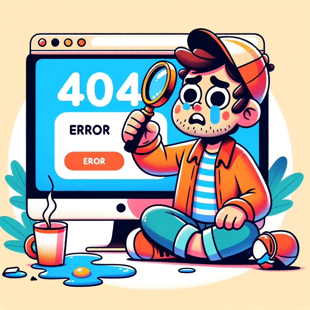 A cartoon character sits cross-legged by a computer displaying a '404 error' message, examining the screen with a magnifying glass, with a spilled cup of coffee beside him.